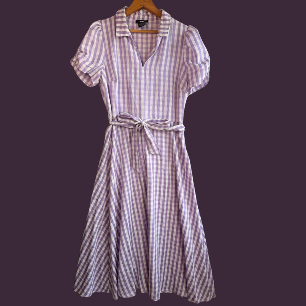 Retro DKNY Womens Ruched Short Sleeve Belted Shirt Dress